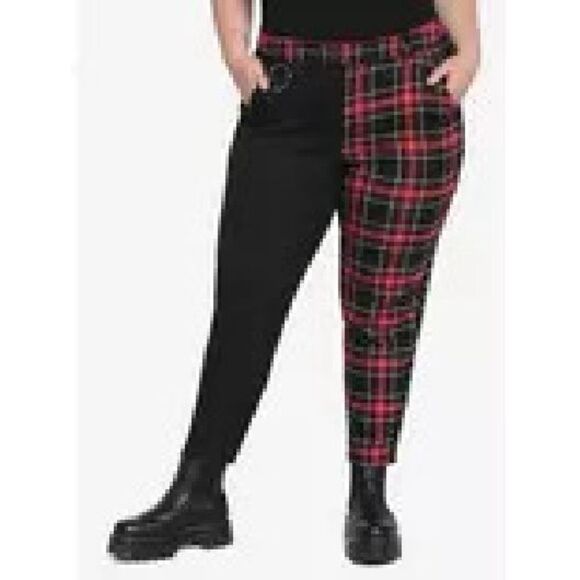 Hot Topic Large Solid Black Red Plaid Split Leg Pants Punk Rock Pockets - Picture 2 of 7